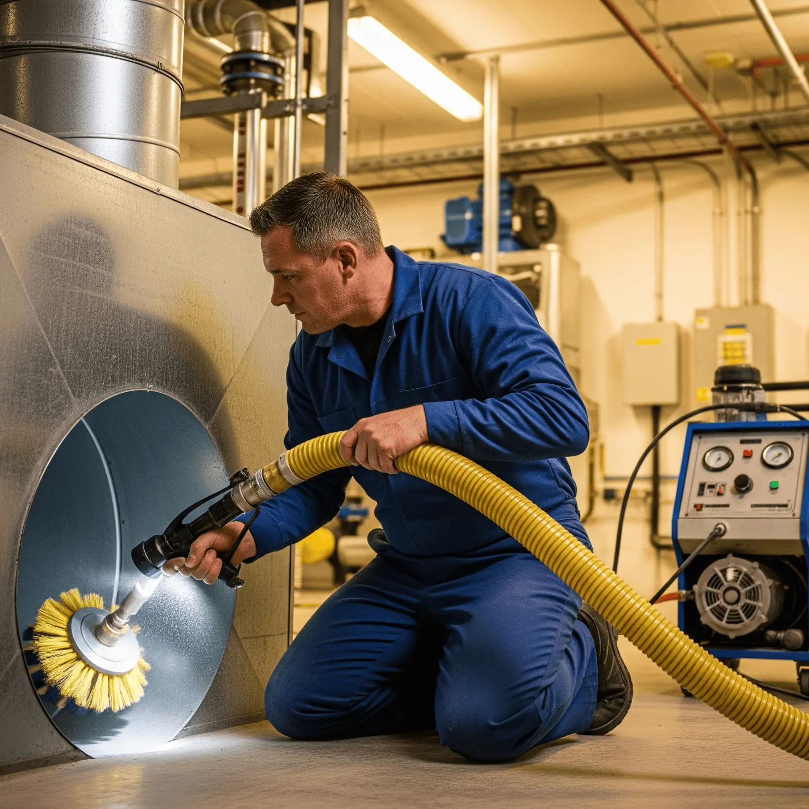 A technician in blue jumper suit cleaning air ducts for better air quality