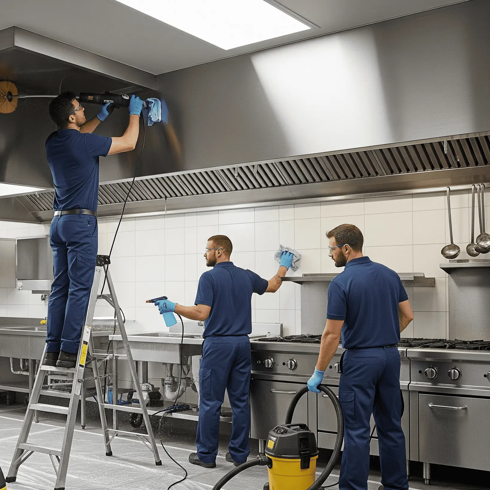Three men in blue jumper. One standing on a ladder and cleaning air ducts while two on ground providing assistance