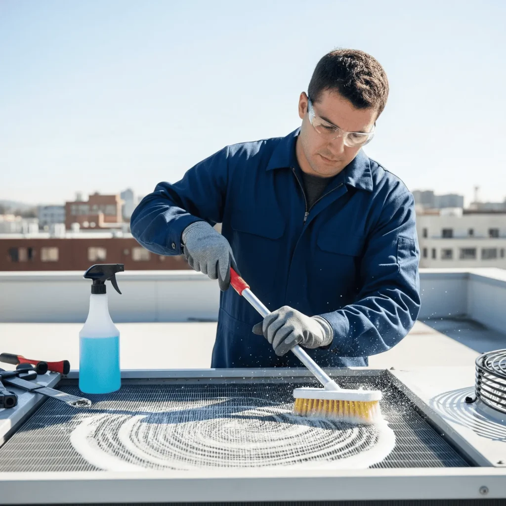 A male technician cleaning HVAC-R equipment with brush and cleaning solution