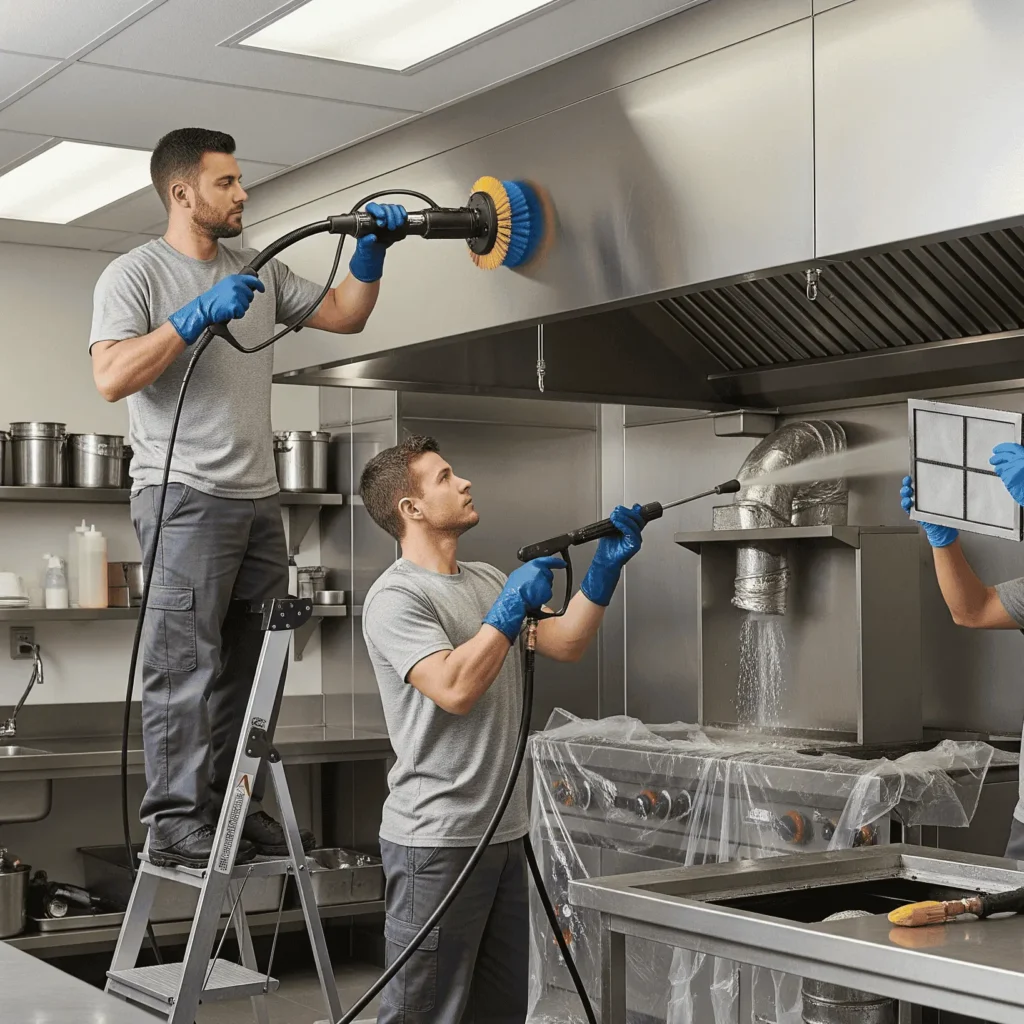 Two technicians can be seen cleaning commercial kitchen