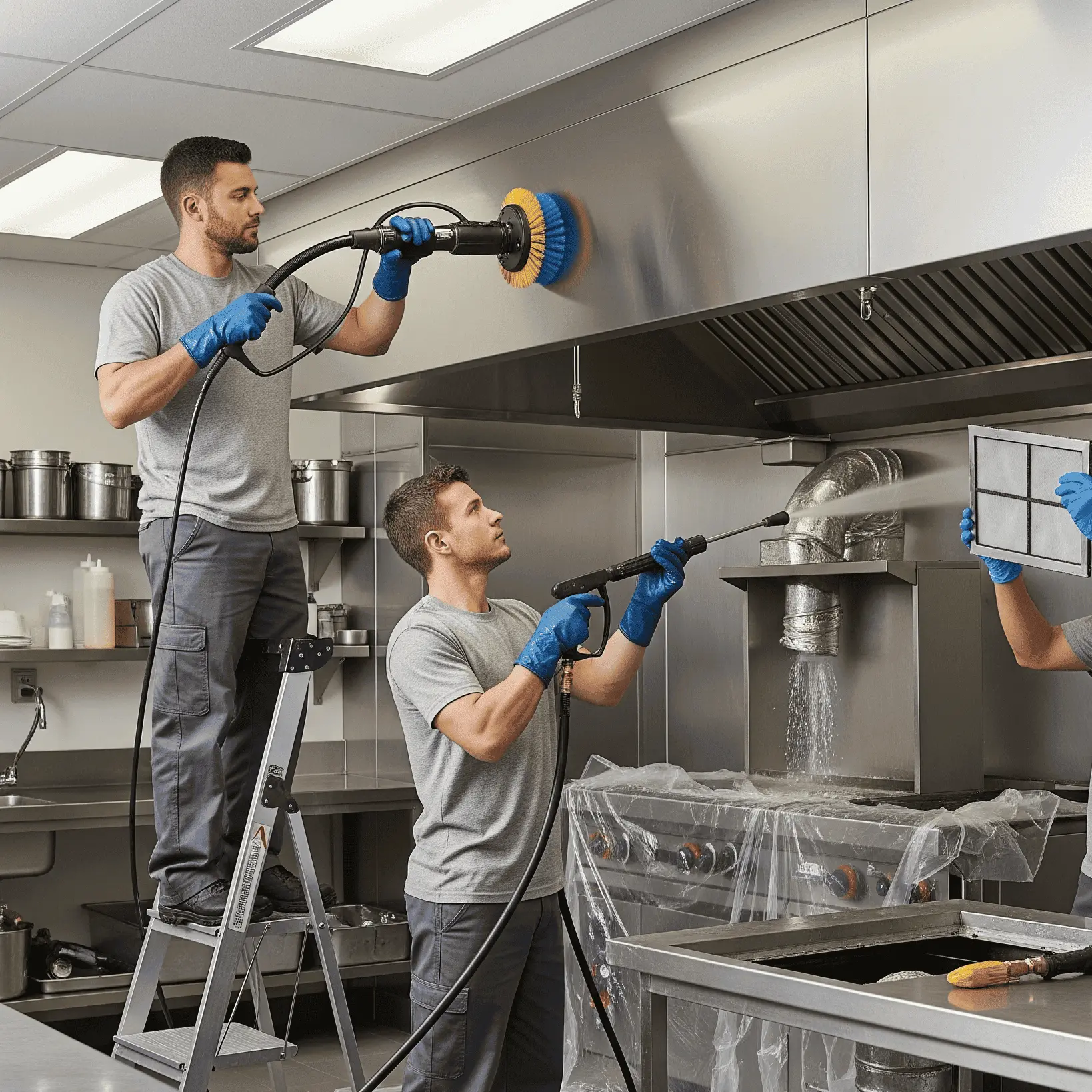 Two technicians can be seen cleaning commercial kitchen