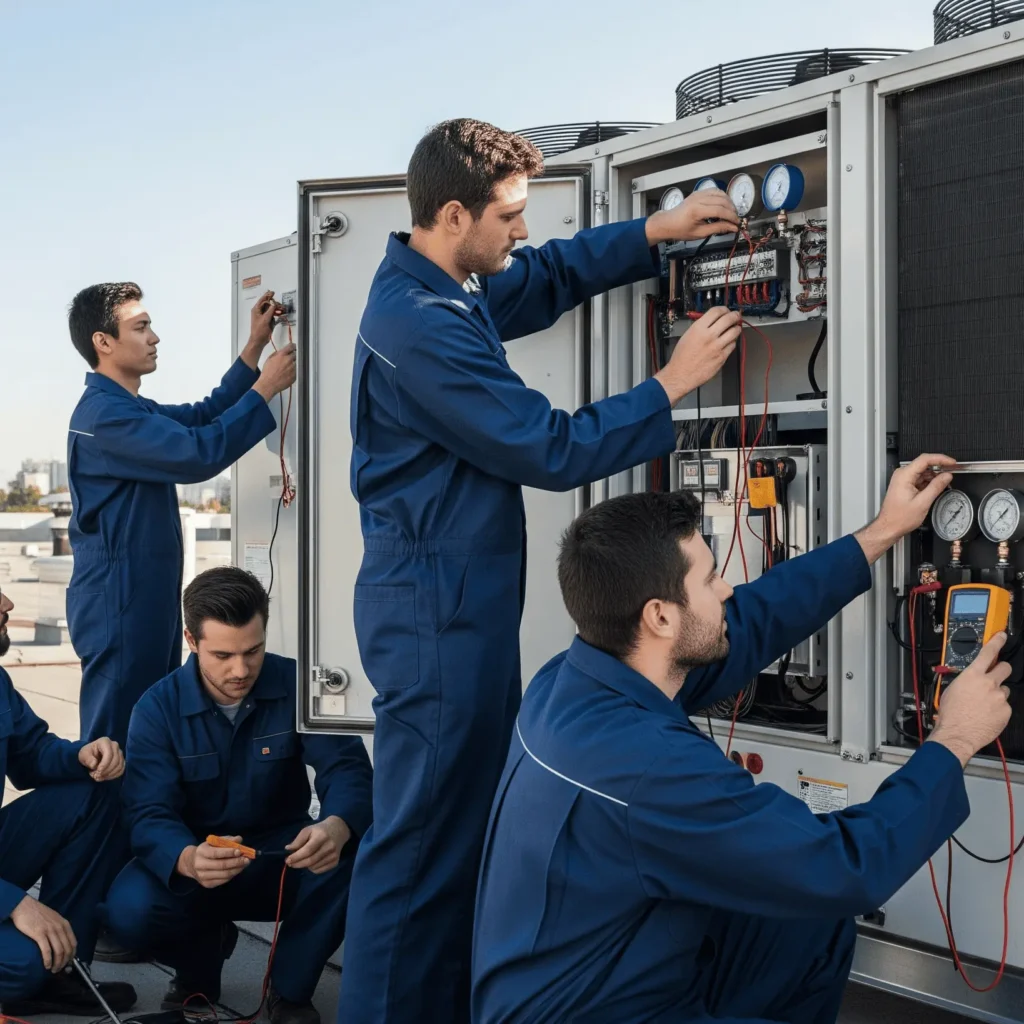 Four male technicians in blue jumper suits servicing HVAC-R equipment