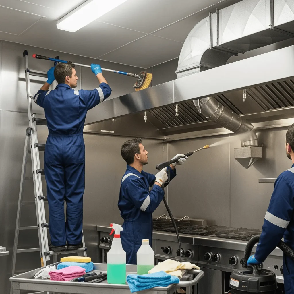 A man on a ladder cleaning the upper hood of commercial kitchen while the person on ground washing with pressure washer | Kitchen Exhaust Cleaning