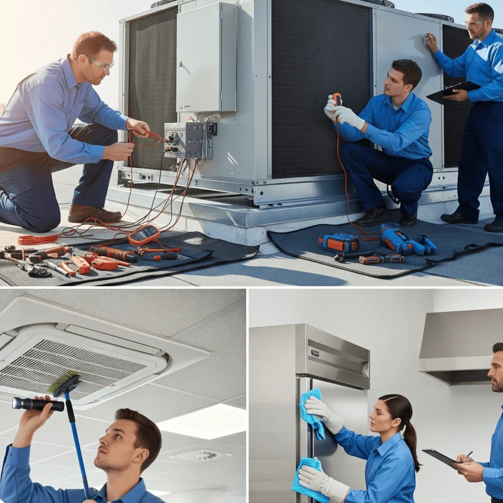 A collage of technicians doing, HVAC-R Air duct, and commercial kitchen services