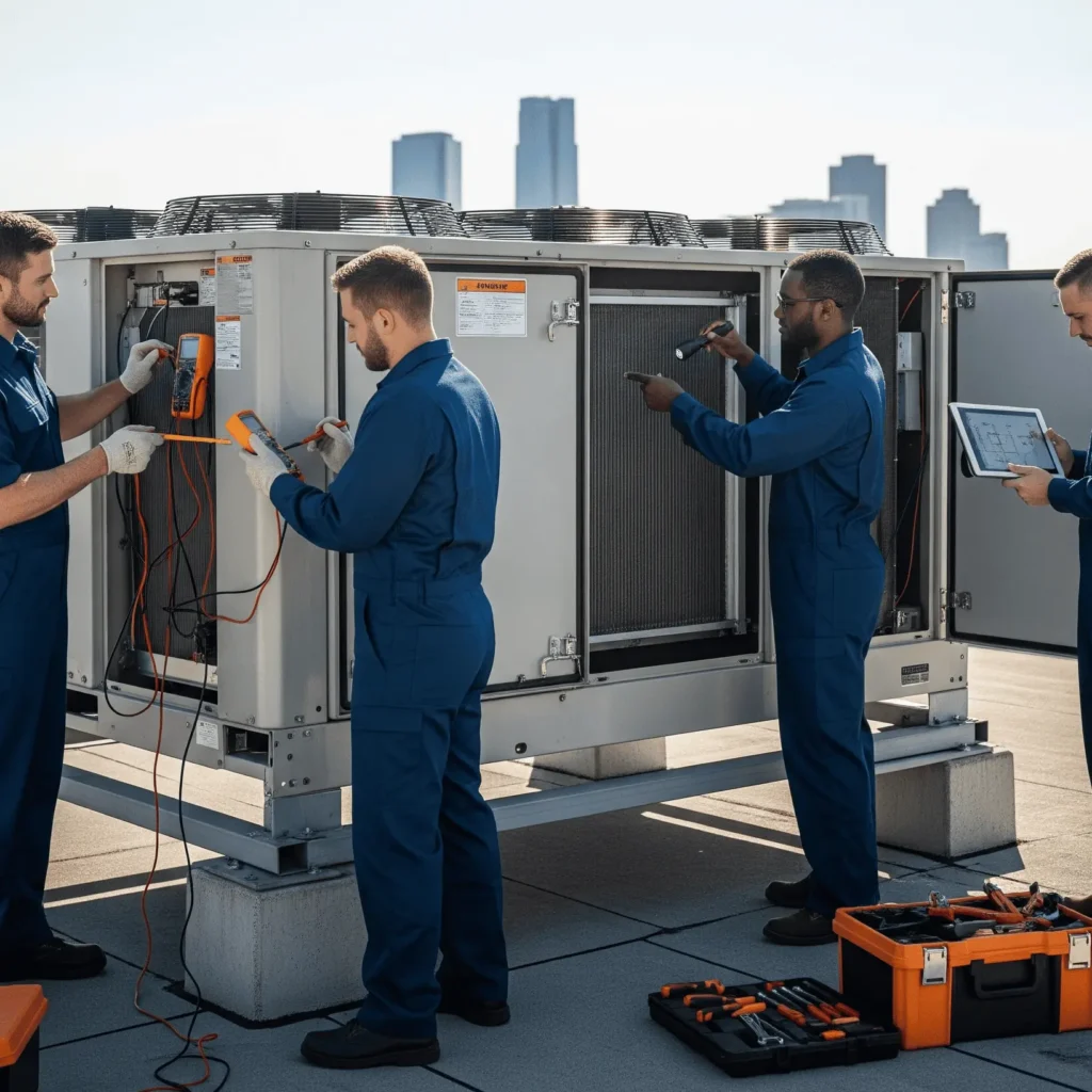 Three male technicians in blue jumper suit servicing HVAC/R equipment.