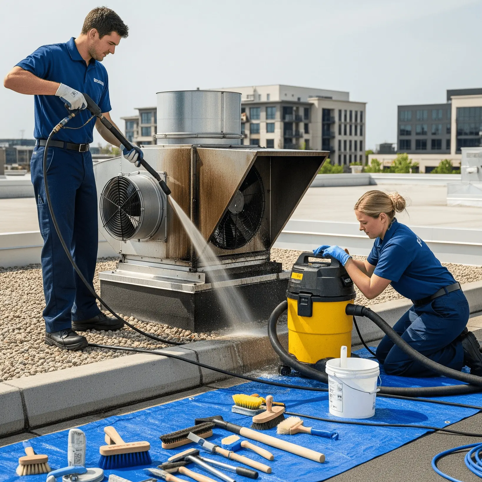 A man standing with jet pressure washer spraying water while a woman sitting down settiig up pressure washer machine