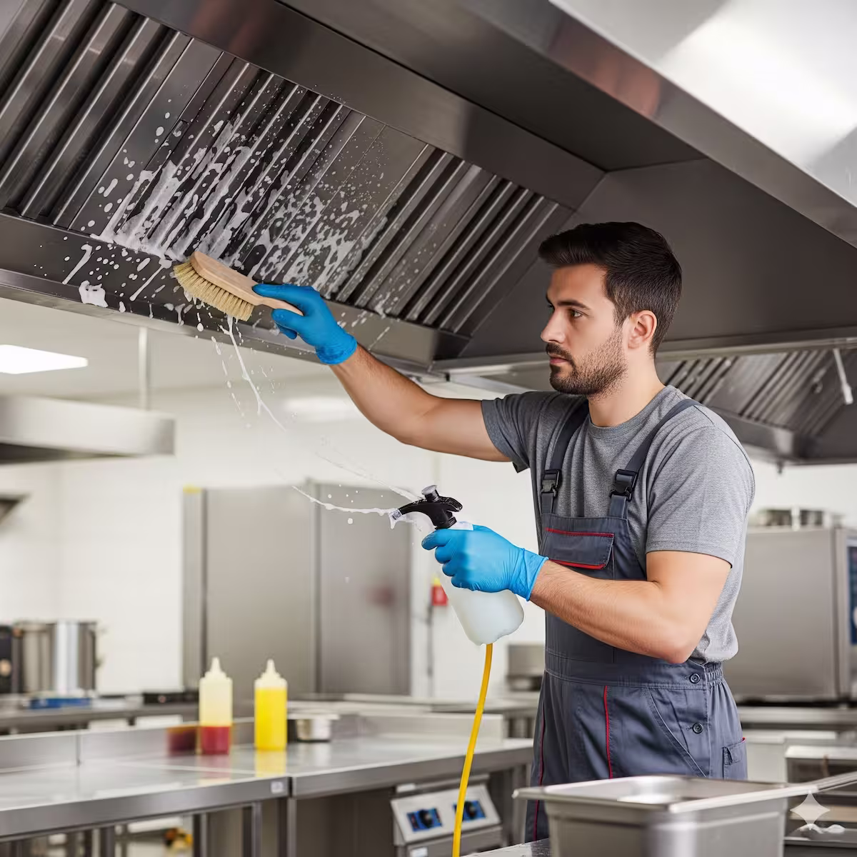 A person in a grey suit is cleaning the kitchen exhaust