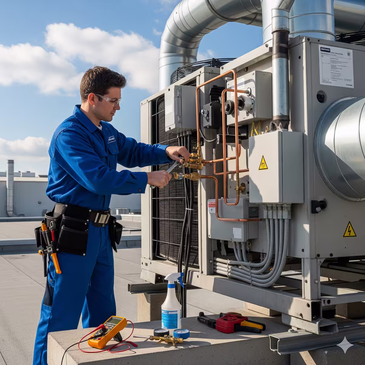 A man in blue jumper suit servicing HVAC-R equipment
