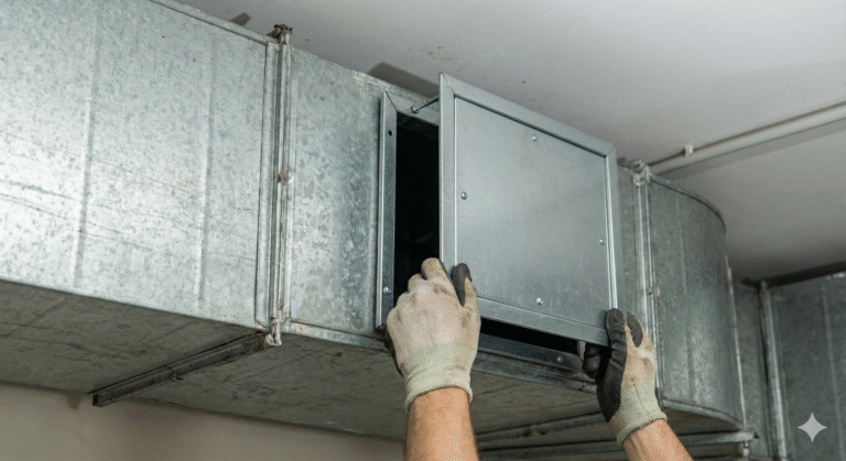 Technician installing access panel on galvanized steel grease duct