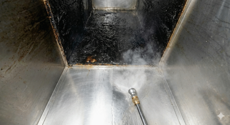 High pressure washing inside greasy commercial kitchen exhaust duct