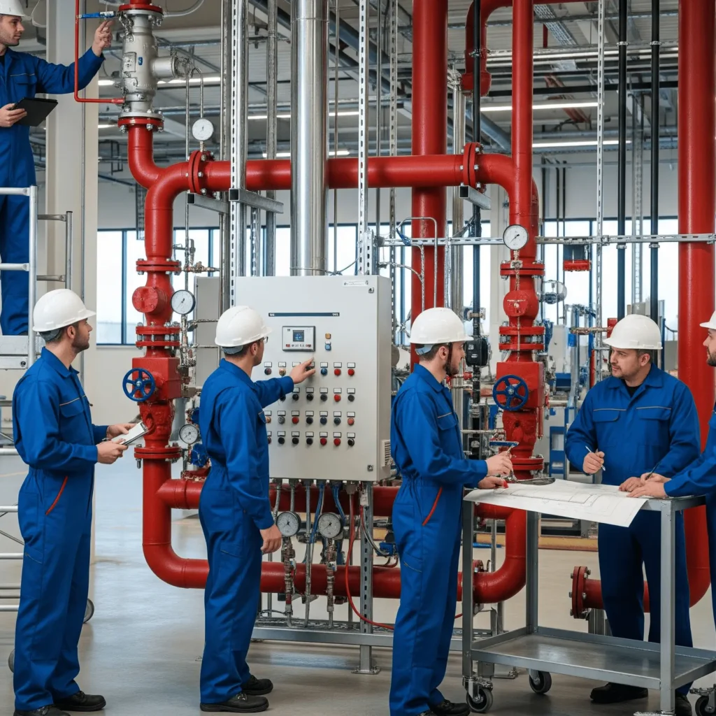 Three men inspecting fire safety services and one of them giving reports to the senior | Commercial Maintenance Services