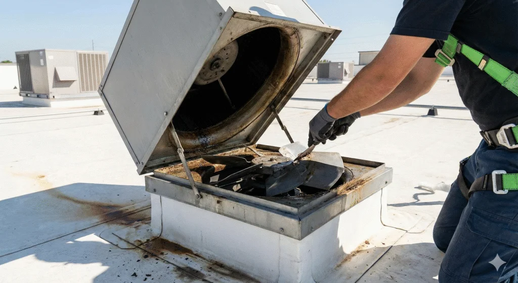 Technician scraping grease from commercial kitchen exhaust fan on rooftop